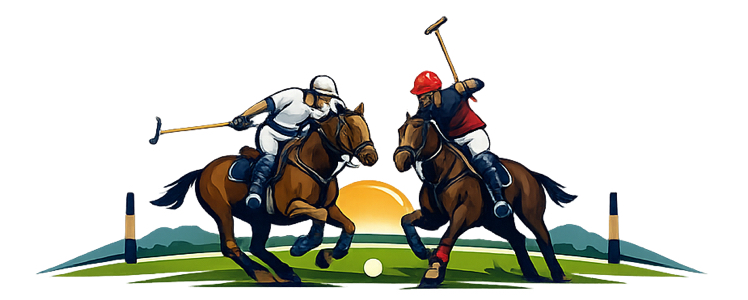 Illustration of two polo players on horseback facing off mid-match before a sunrise